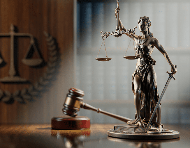 Lady Justice statue and gavel